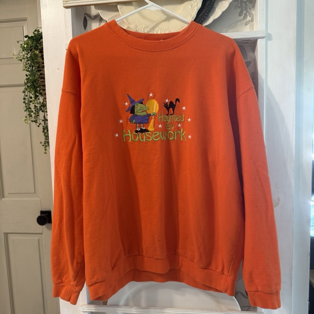 Vintage Halloween Sweatshirt Womens Orange Xl Witch Black Cat Retro Stars Moon